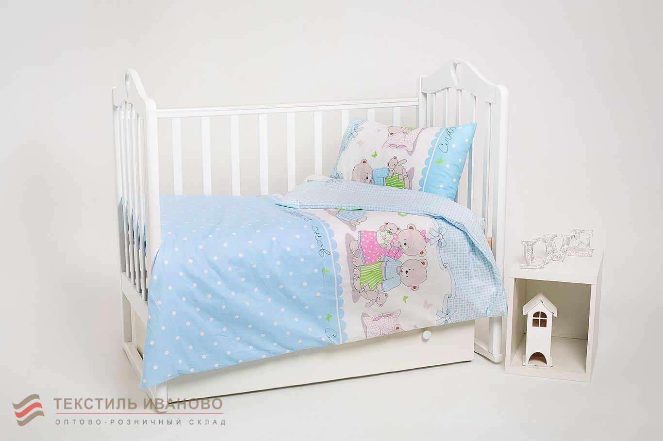  Комплект детского постельного белья Мишкина семья ясельный поплин люкс, фото 1 